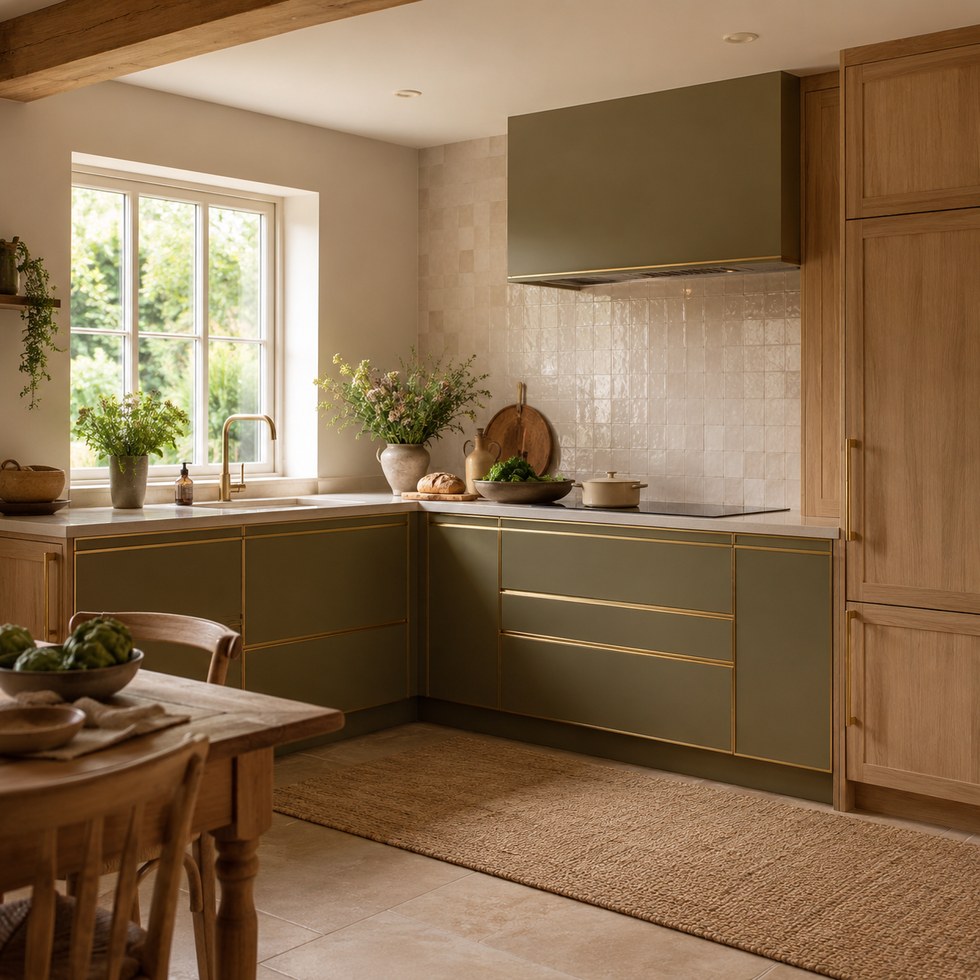 Olive Green and Wood Grain Kitchen Cabinets with Warm Farmhouse Style