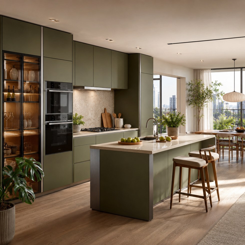 Olive Green Modern Kitchen Cabinets With Island and Glass Display Storage
