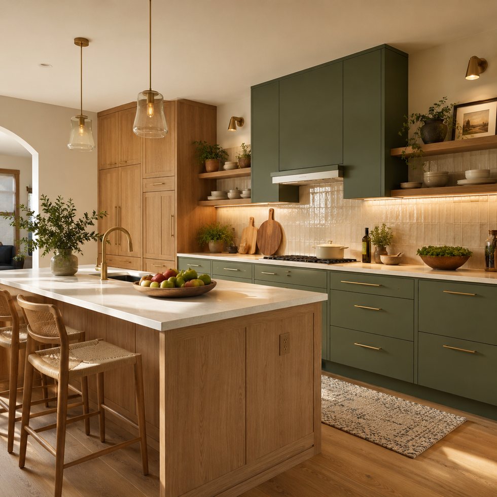 Olive Tile Backsplash Custom Kitchen Cabinets with Oak Breakfast Island