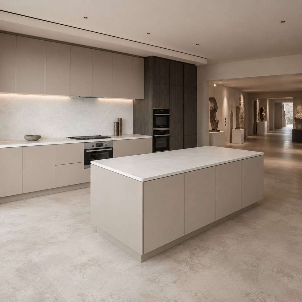 Open-Plan Sand Island Custom Kitchen Cabinets with Deep Wood-Toned Appliance Wall
