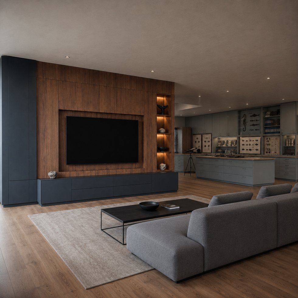 Open-Plan Walnut Frame Custom TV Wall Panel Cabinet with Navy Base Storage and Side Shelf