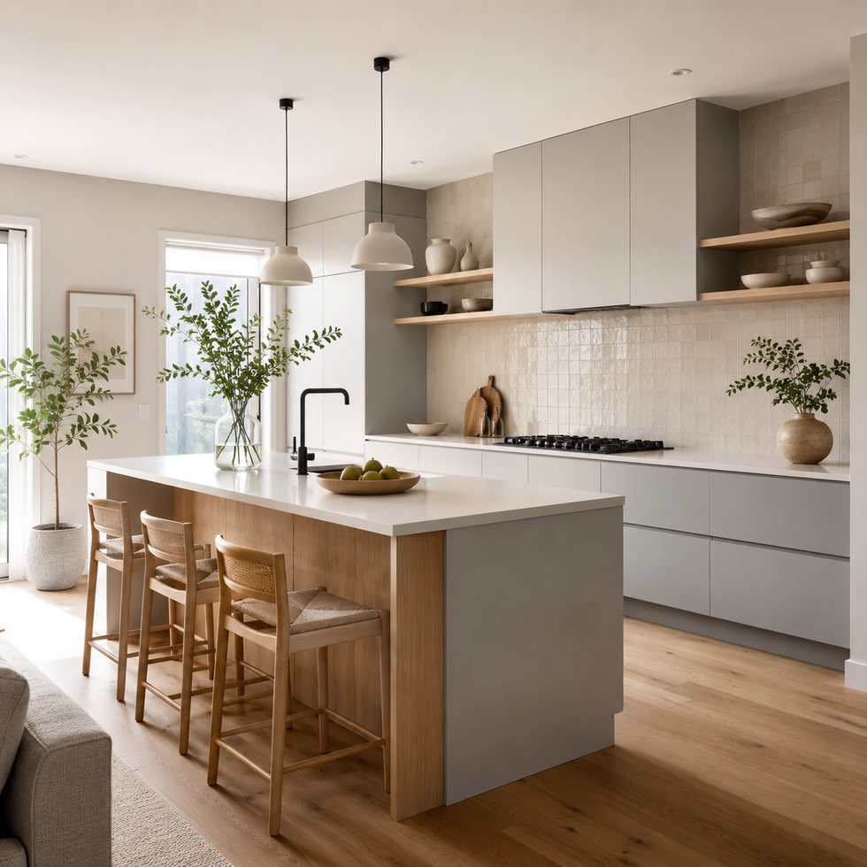 Pale Gray Open-Plan Custom Kitchen Cabinets with a Wood-Lined Dining Island