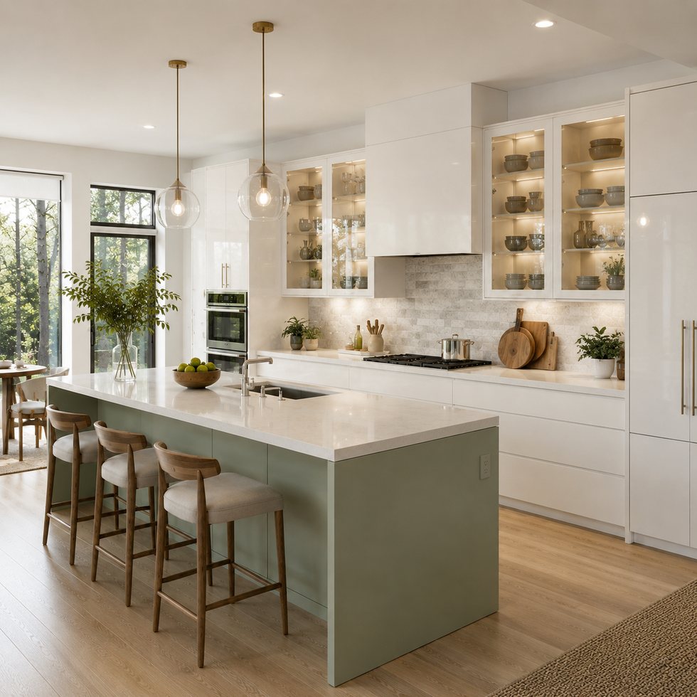 Pale Mint Waterfall Custom Kitchen Cabinets with Bright Display Storage