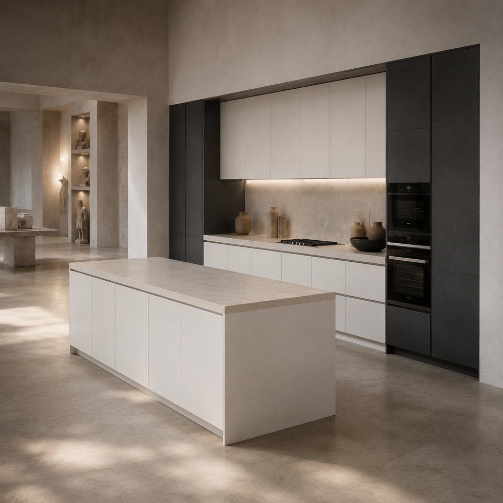 Pale Waterfall Island Custom Kitchen Cabinets with Black Glass Tall Galleries
