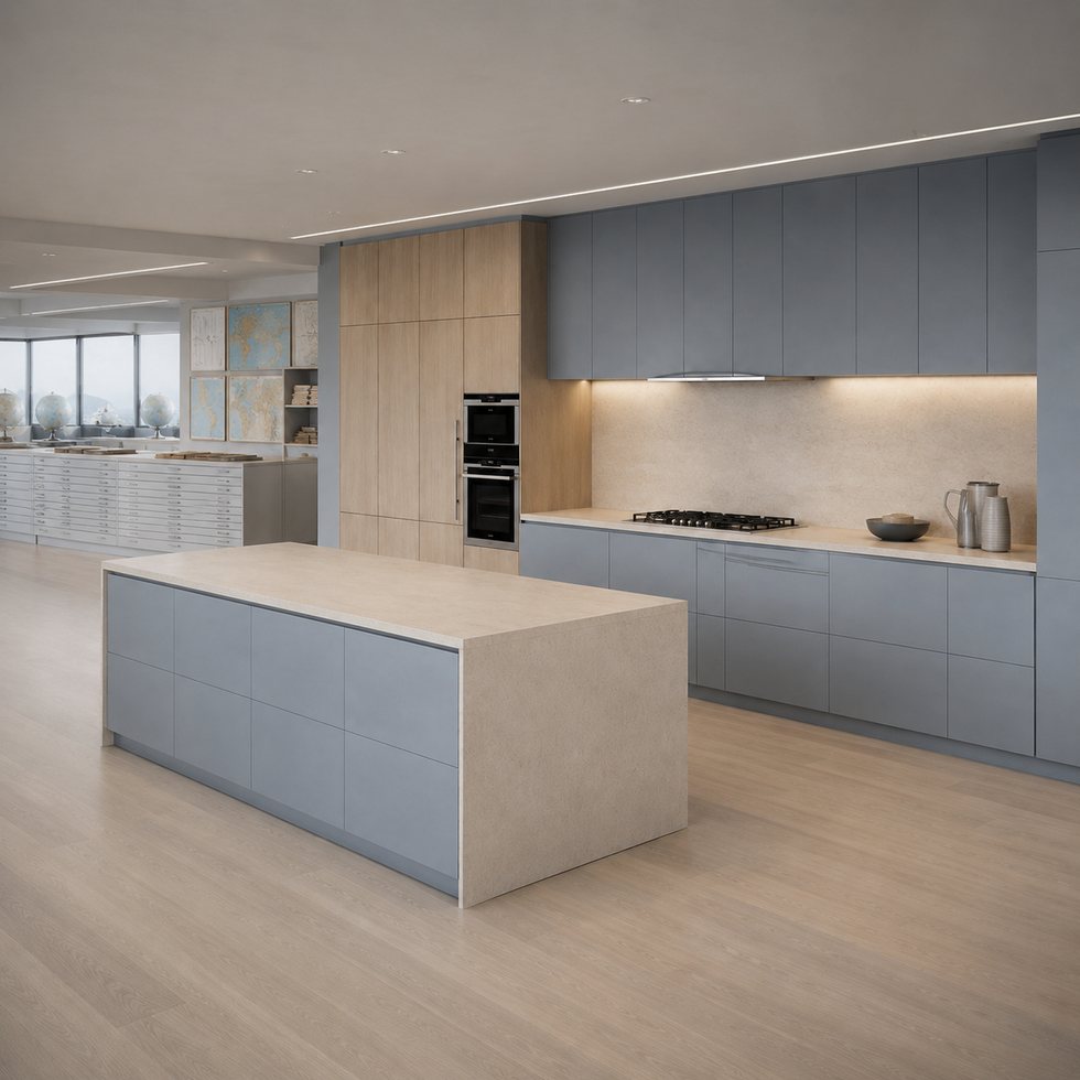 Pale Wood and Blue Grey Custom Kitchen Cabinets with Island
