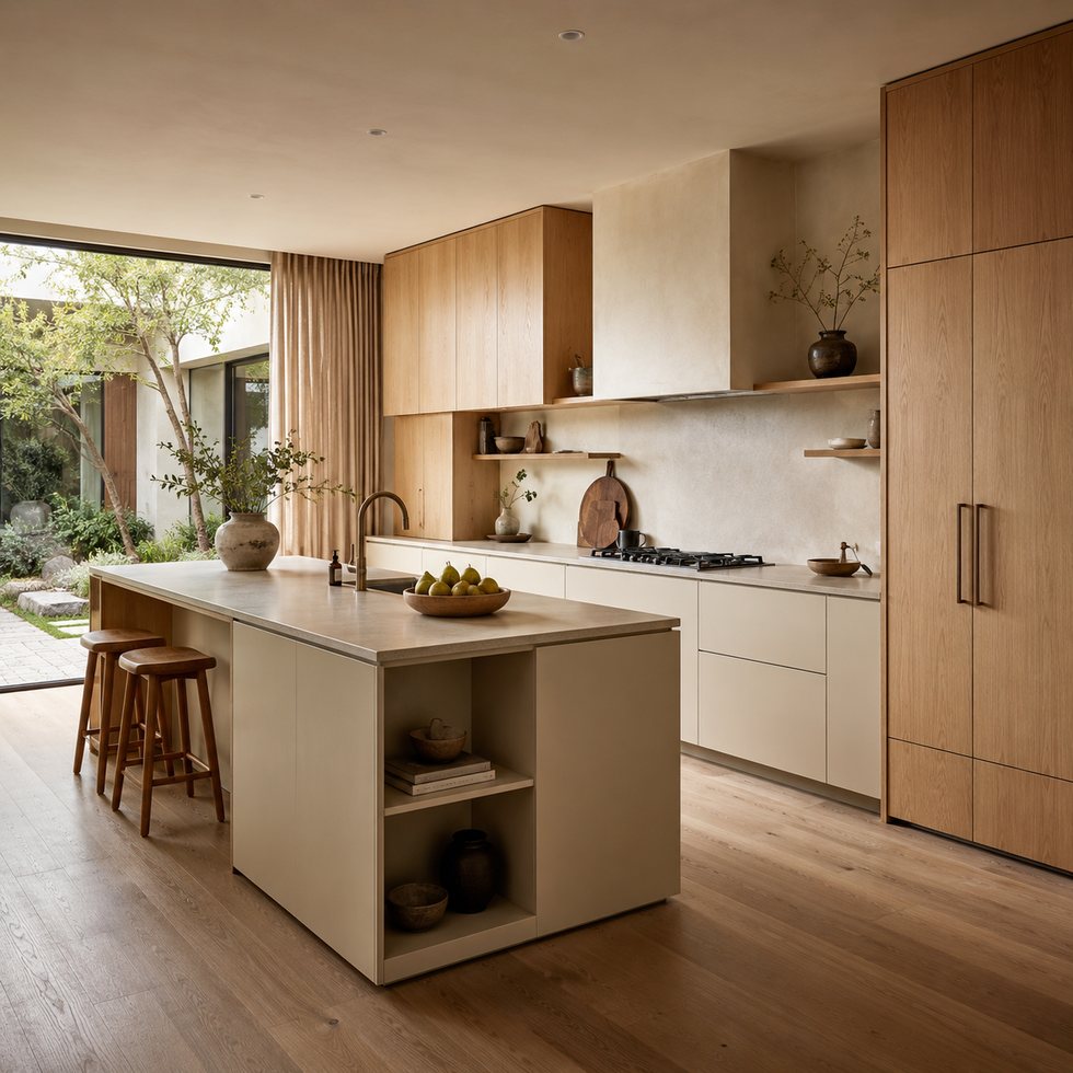 Pale Wood-Tone Custom Kitchen Cabinets with an Open-Shelf Island
