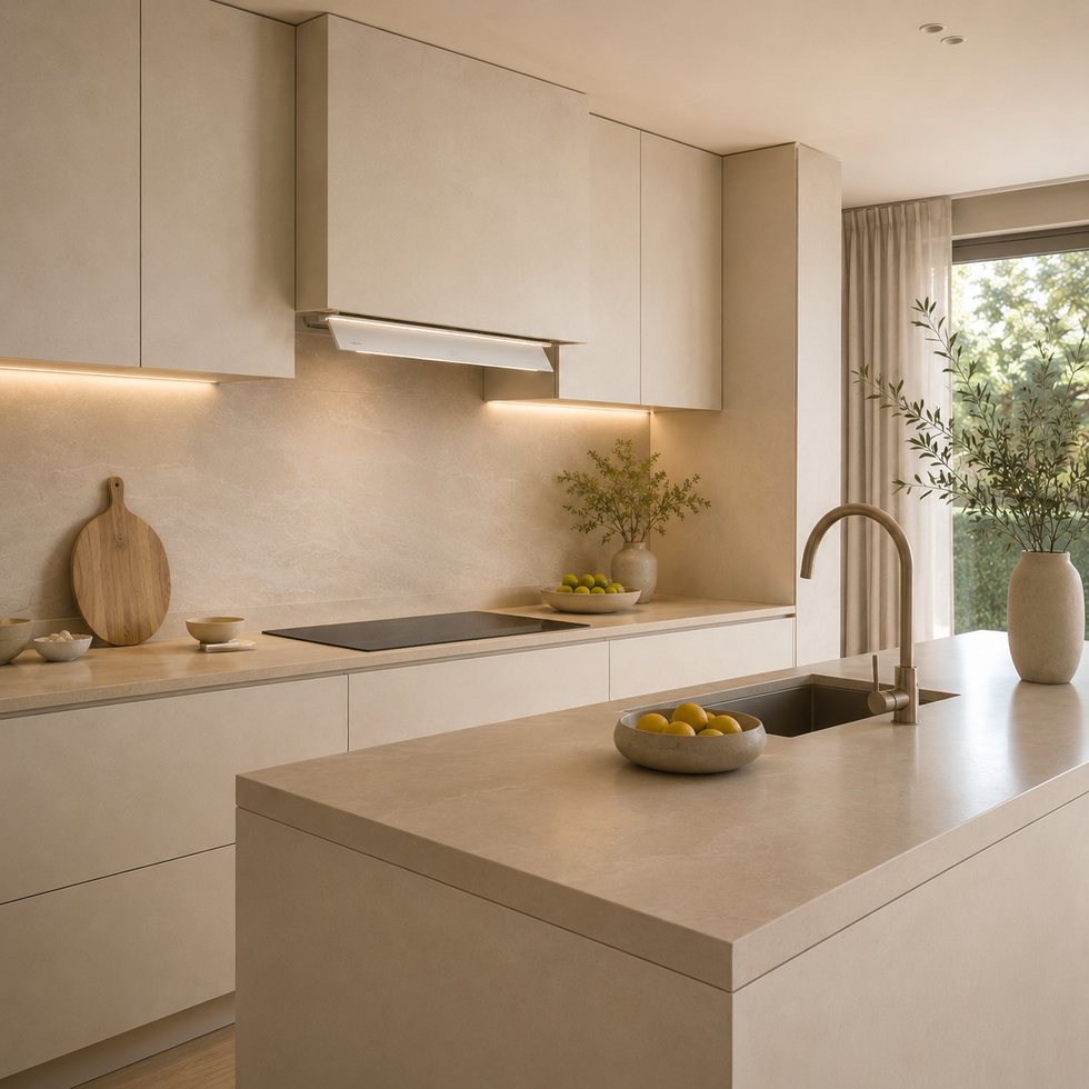 Quiet Beige Linear Custom Kitchen Cabinets with Flush Island and Slim Hood