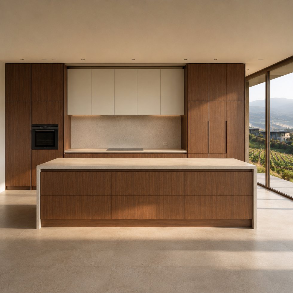 Ribbed Island Front and Walnut-Toned Appliance Wall Custom Kitchen Cabinets