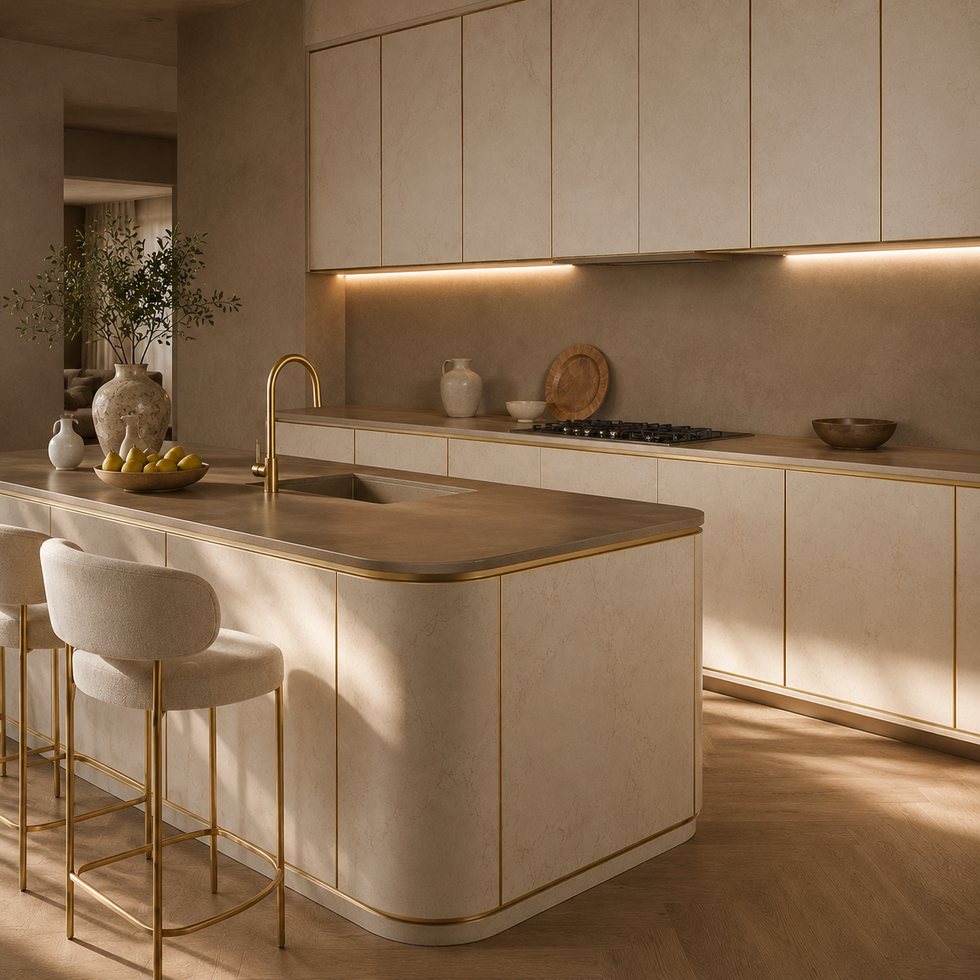 Rounded Sand Island Custom Kitchen Cabinets with Fine Brass Perimeter Lines