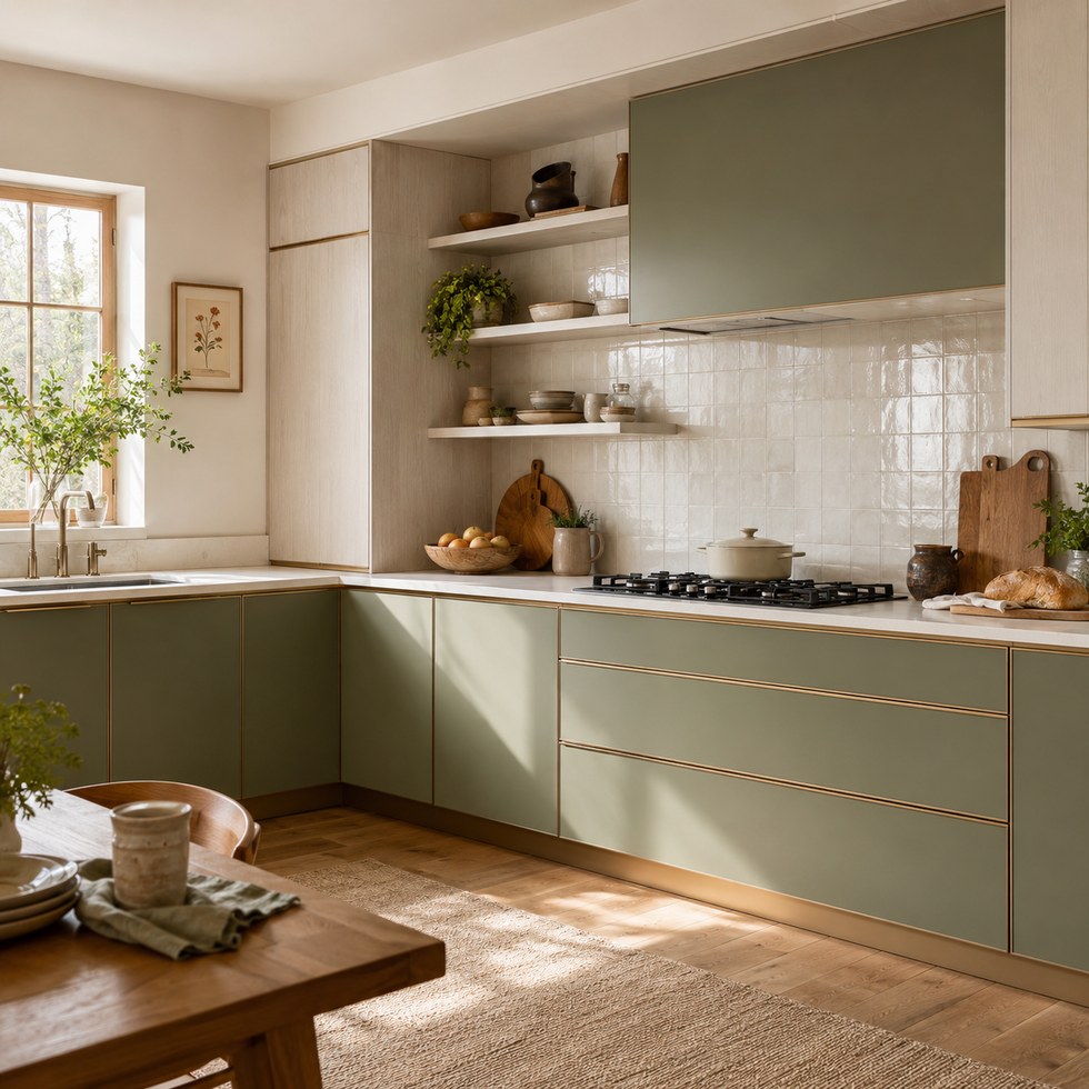 Sage Green Flat Panel Kitchen Cabinets with Light Wood Tone Tall Units