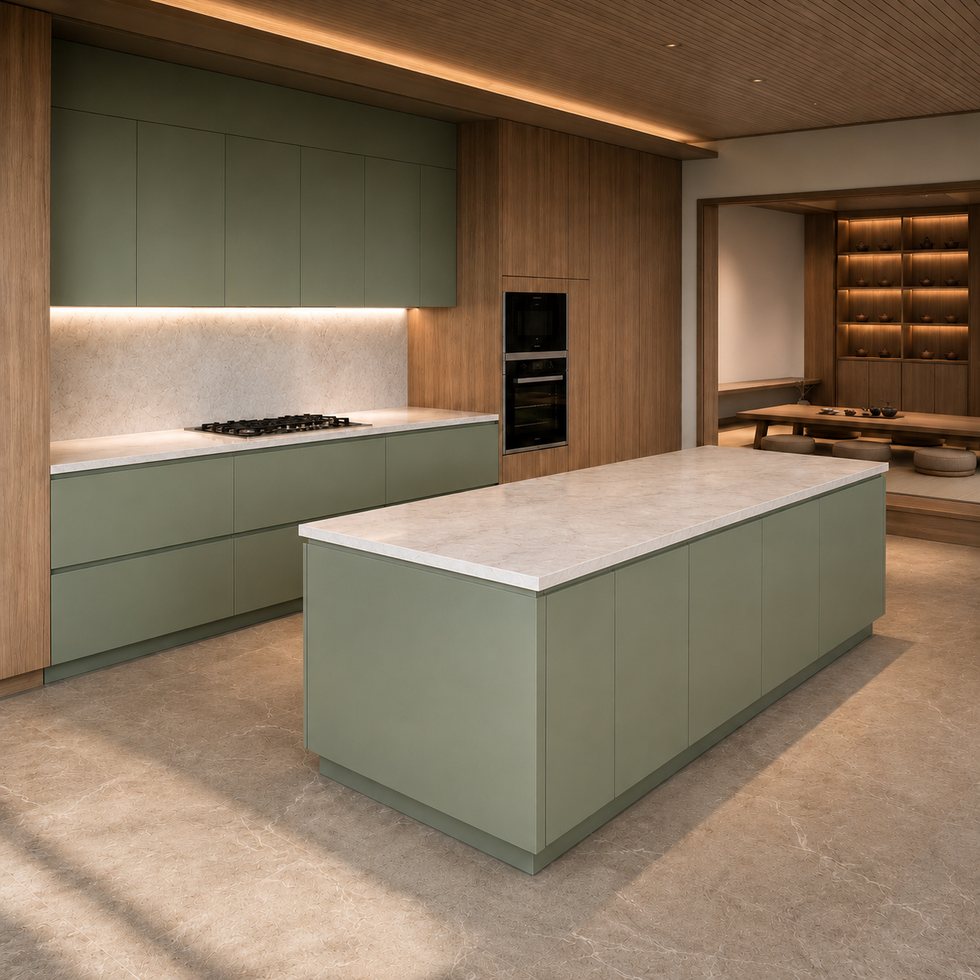 Sage Island and Wood-Tone Niche Custom Kitchen Cabinets