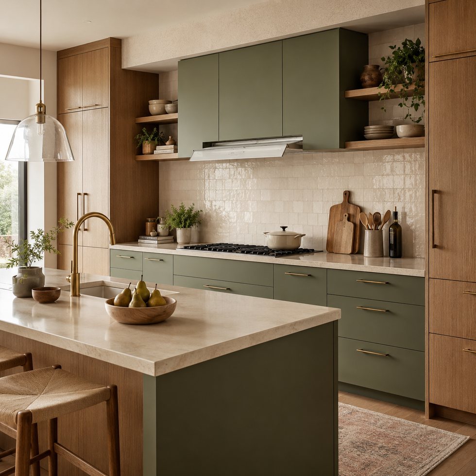 Sage Range Alcove Custom Kitchen Cabinets with Oak-Toned Framing