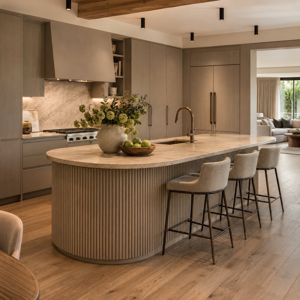 Sculptural Ribbed Peninsula Custom Kitchen Cabinets with a Taupe Backdrop
