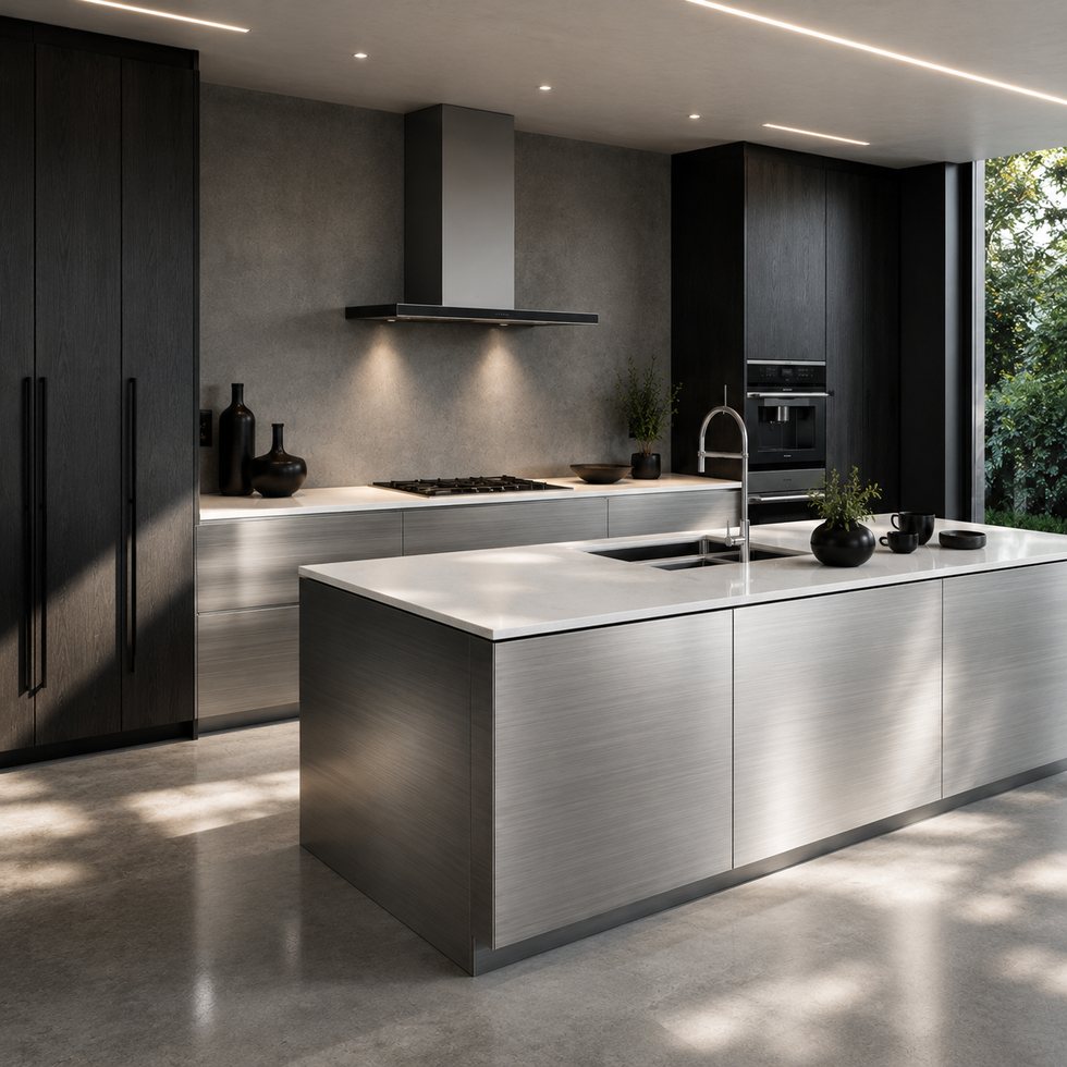 Shadow Oak Appliance Wall Custom Kitchen Cabinets with Brushed Steel Island