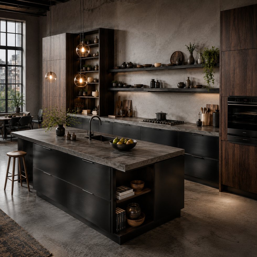 Shadowed Shelf Wall Custom Kitchen Cabinets with a Black Prep Island