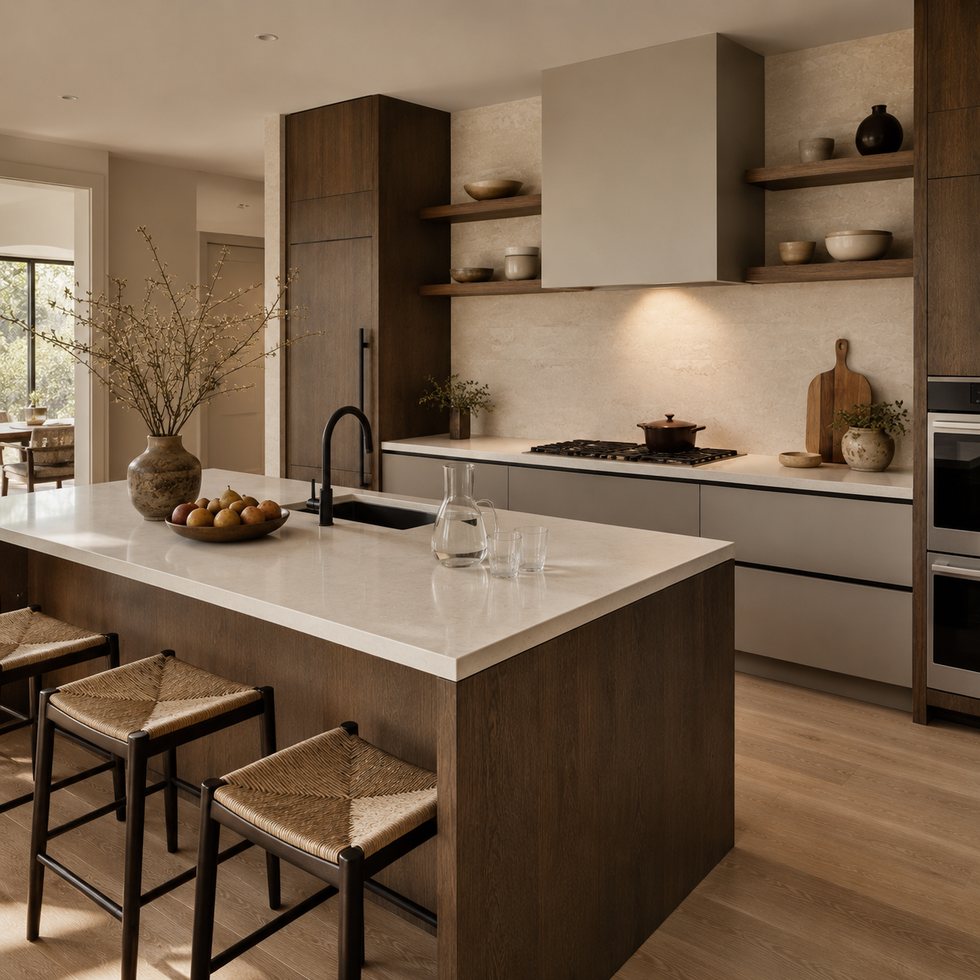 Smoked Walnut Island Custom Kitchen Cabinets with Offset Cream Cooking Wall