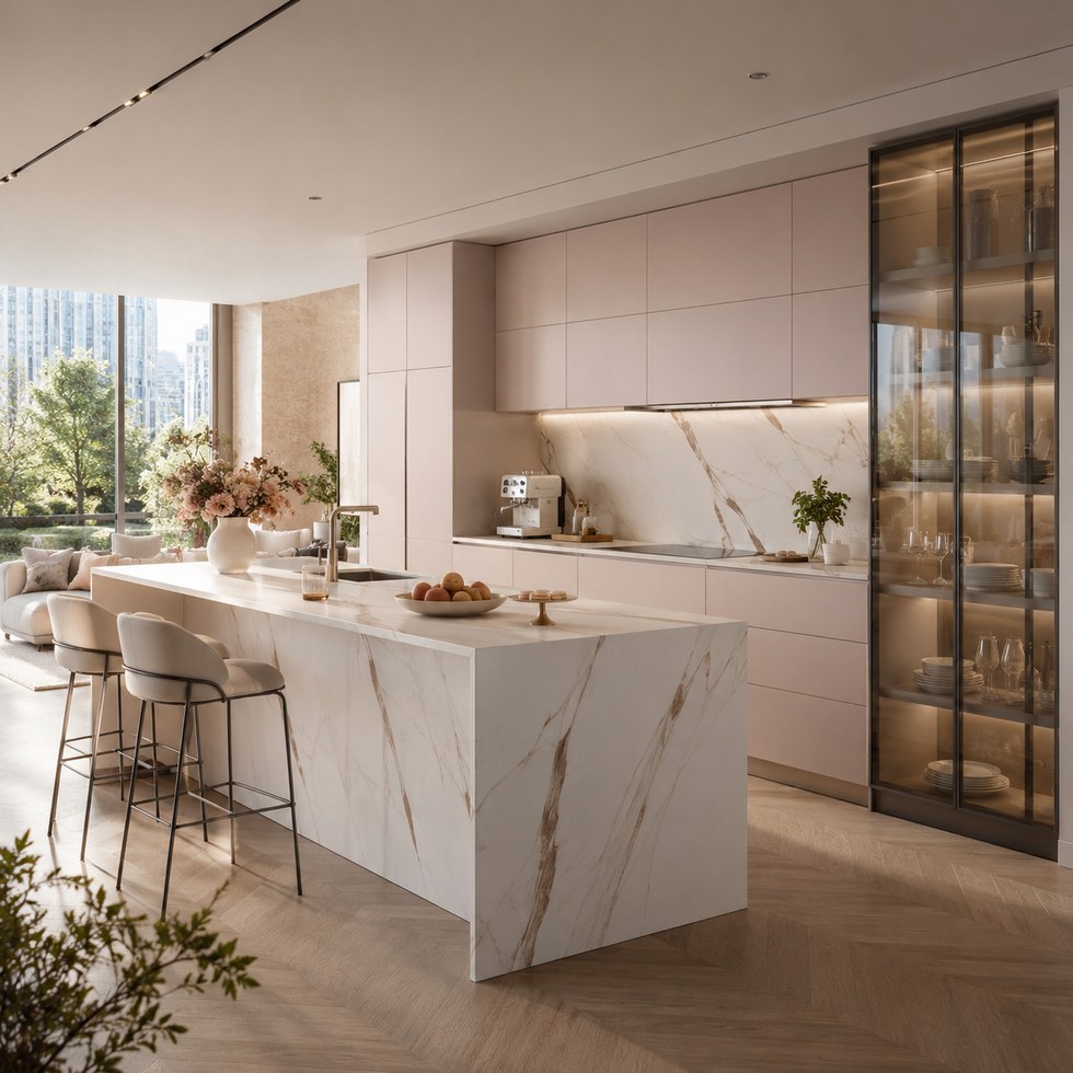 Soft Blush Modern Kitchen Cabinets With Veined Island And Glass Display