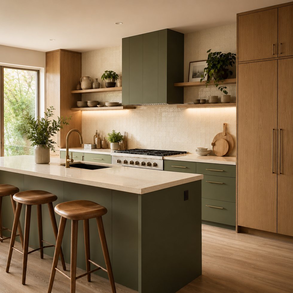 Soft Green Counter-Height Custom Kitchen Cabinets with Natural-Wood Tall Units
