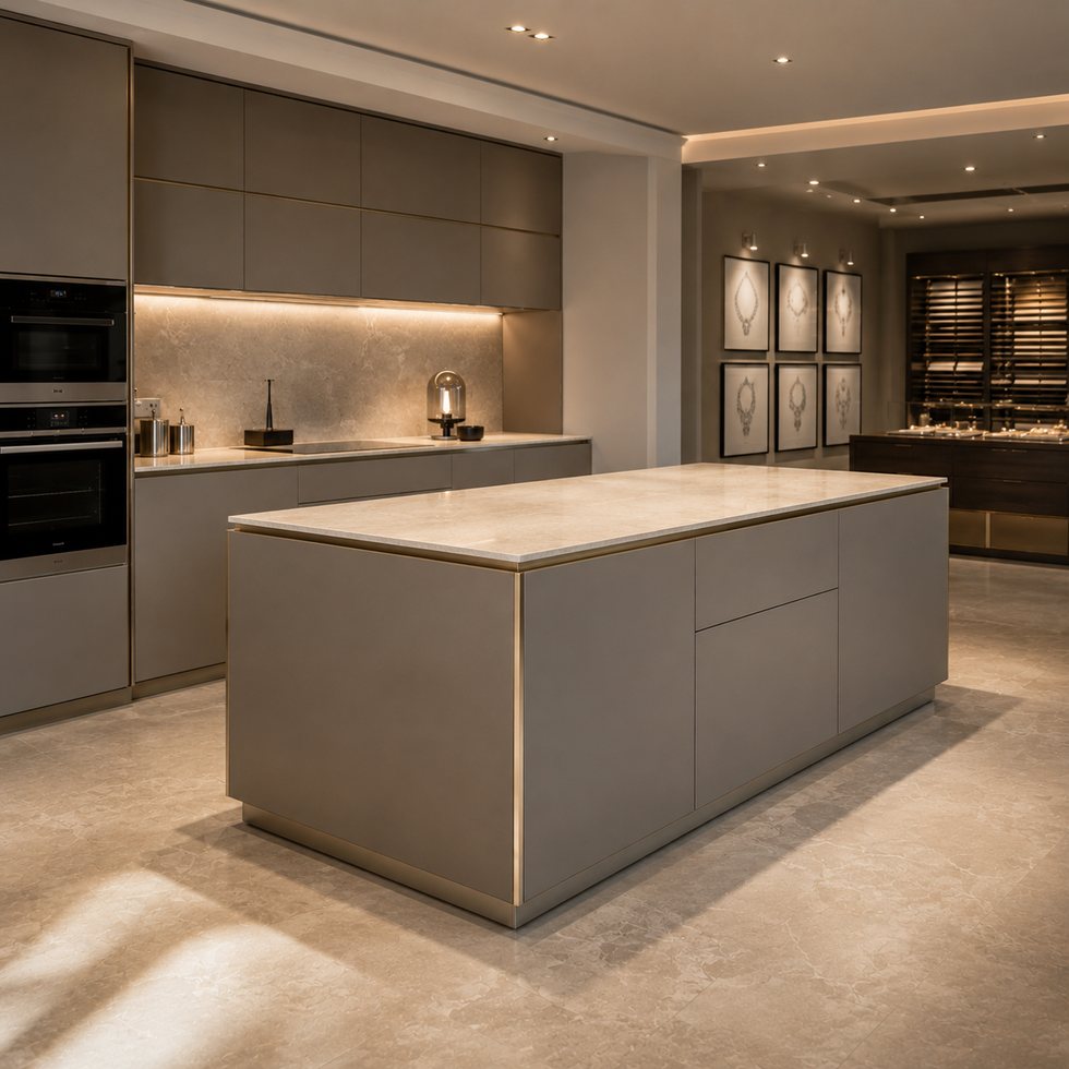 Soft-Grey Island and Lit Cabinet Gallery Custom Kitchen Cabinets