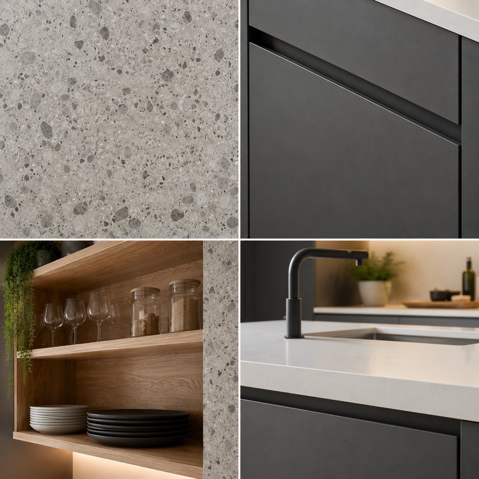 Speckled Surface and Graphite Front Custom Kitchen Cabinets with Oak Display Cubby