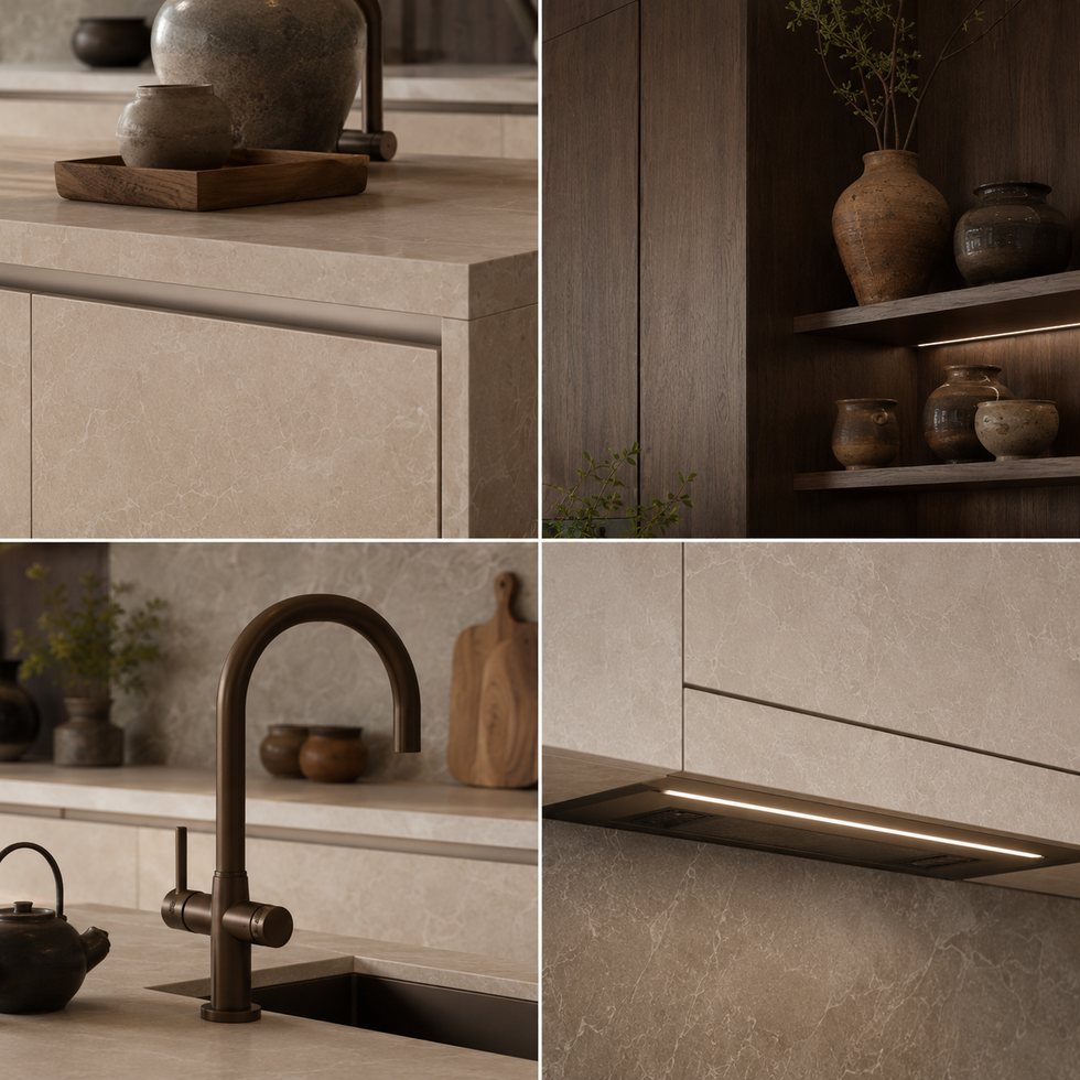 Stone-Detail Custom Kitchen Cabinets with Walnut Display Niche and Dark Curved Tap