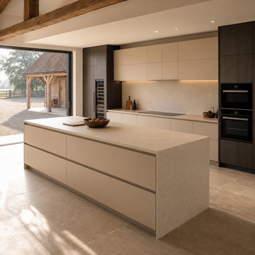 Sunlit Minimalist Custom Kitchen Cabinets with Textured Island