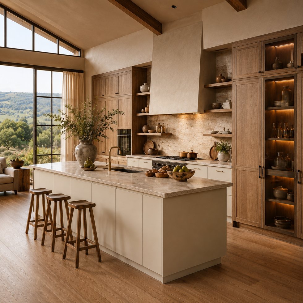 Sunroom Cream Island Custom Kitchen Cabinets with a Wood-Tone Pantry Wall