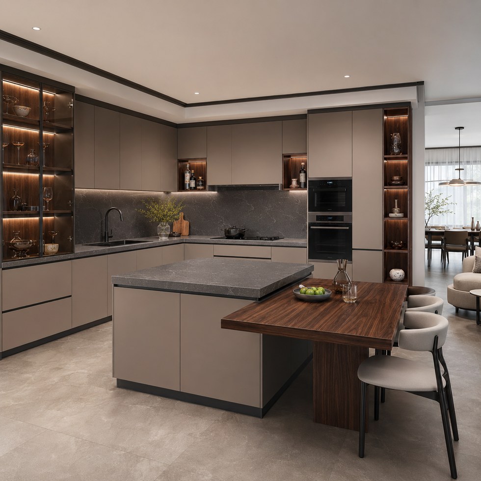 Taupe Kitchen Cabinets with Island Dining Extension