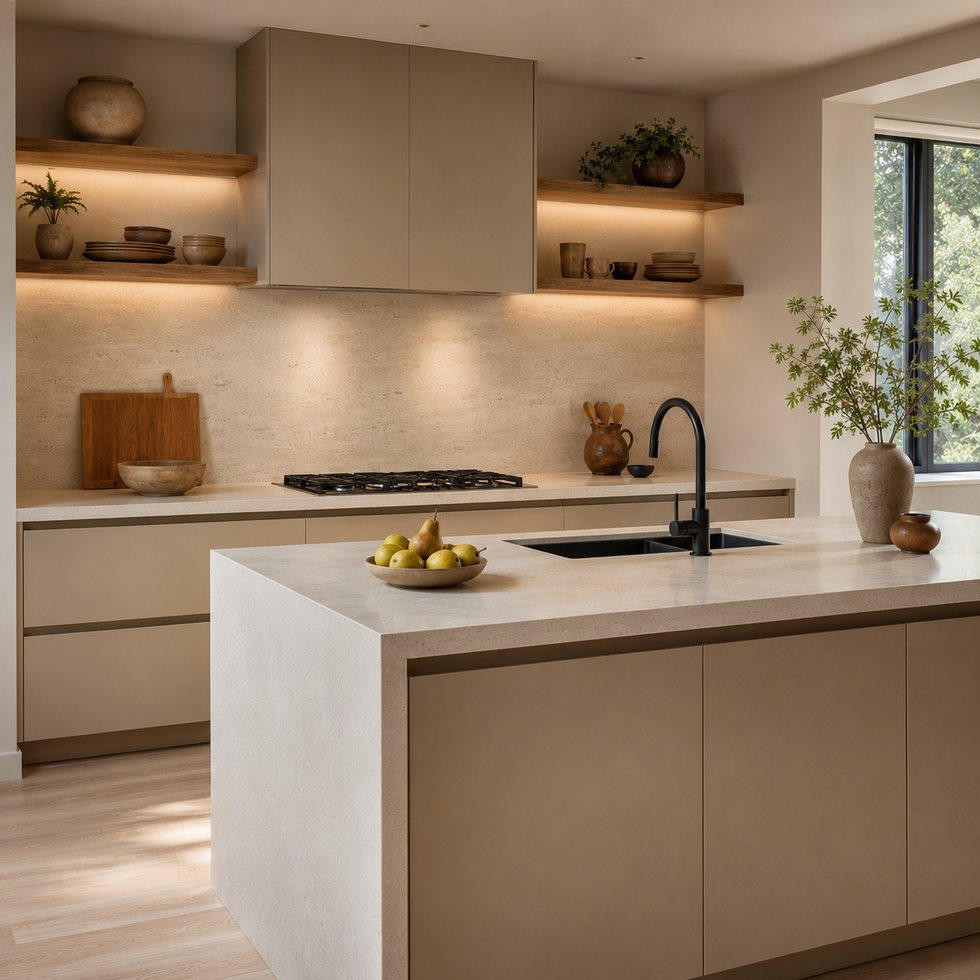 Taupe Shelf-Line Custom Kitchen Cabinets with Pale Block Island