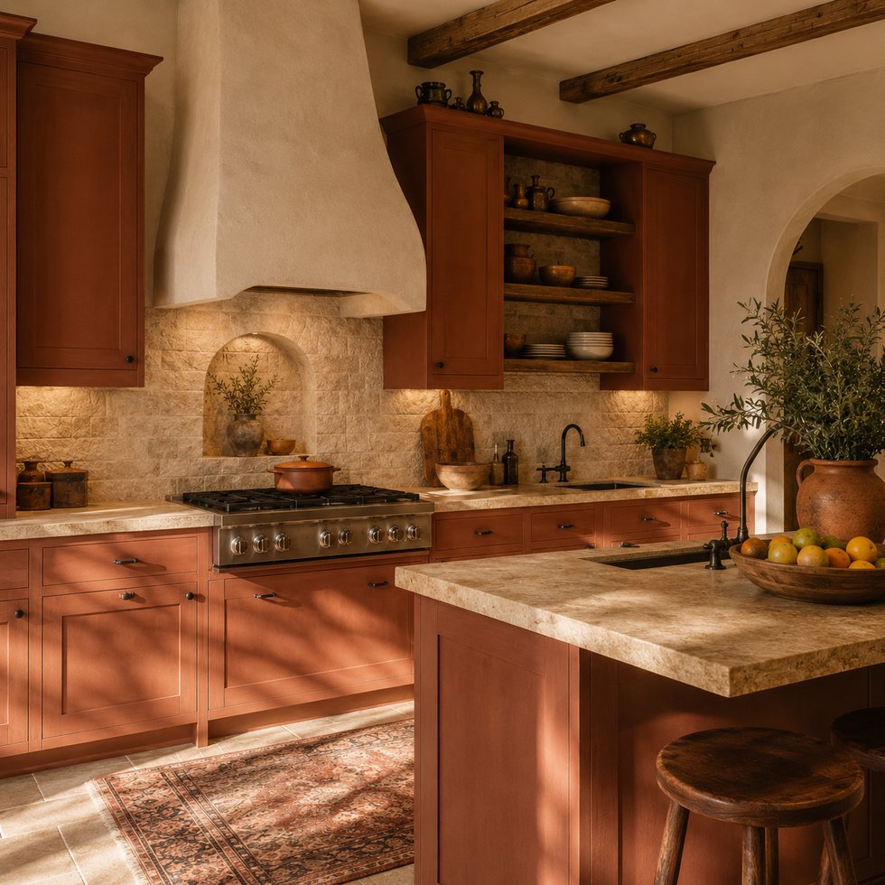 Terracotta Archway Custom Kitchen Cabinets with a Textured Center Island