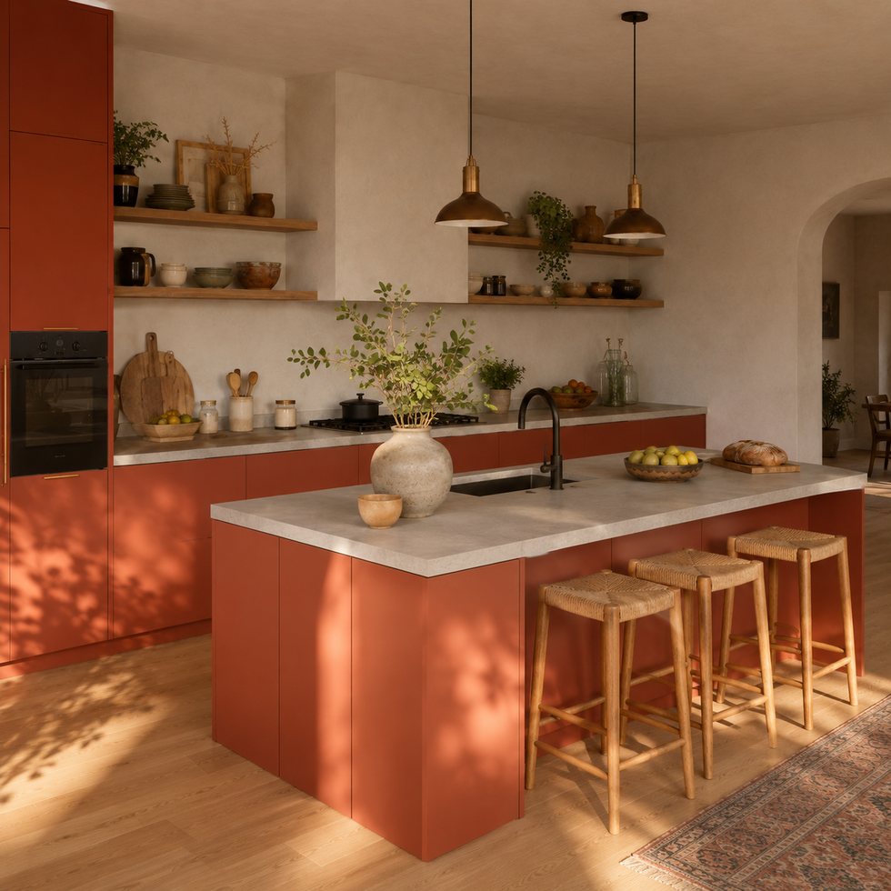 Terracotta Social Island Custom Kitchen Cabinets with Floating Timber Shelves