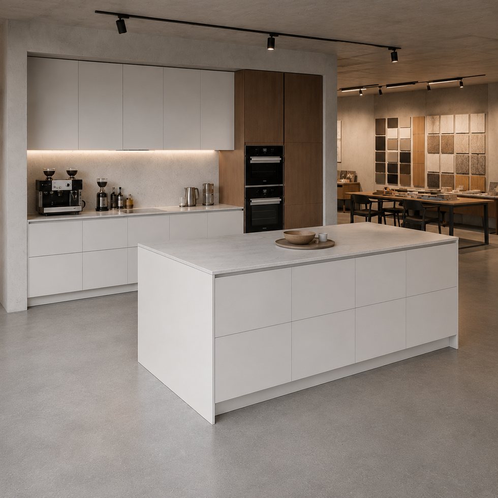 Track-Lit White Kitchen Custom Kitchen Cabinets with Broad Handleless Storage