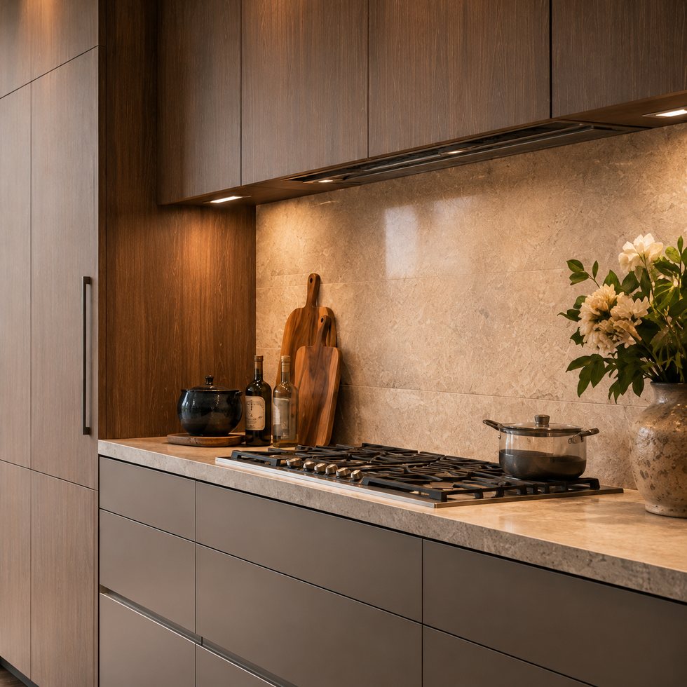 Under-Cabinet Glow Custom Kitchen Cabinets with a Linear Taupe Cooking Wall