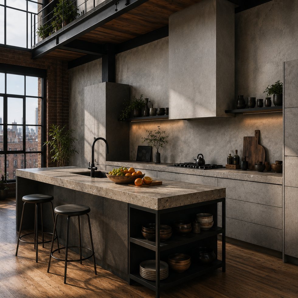 Urban Concrete-Style Custom Kitchen Cabinets with an Open Serving Island
