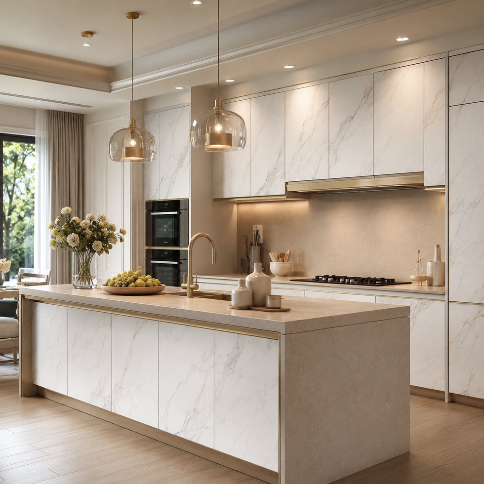 Veined-Surface Custom Kitchen Cabinets with a Bright Waterfall Island
