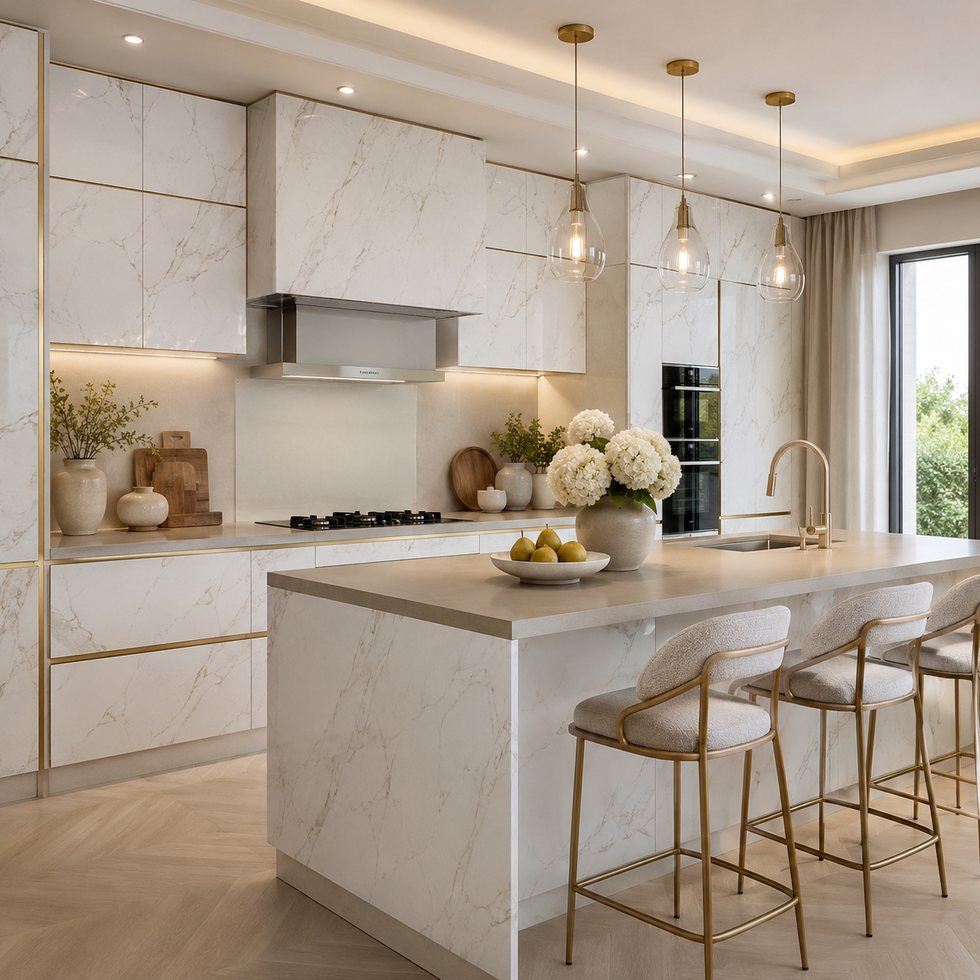 Veined White Slab Custom Kitchen Cabinets with Gold-Trimmed Island Seating
