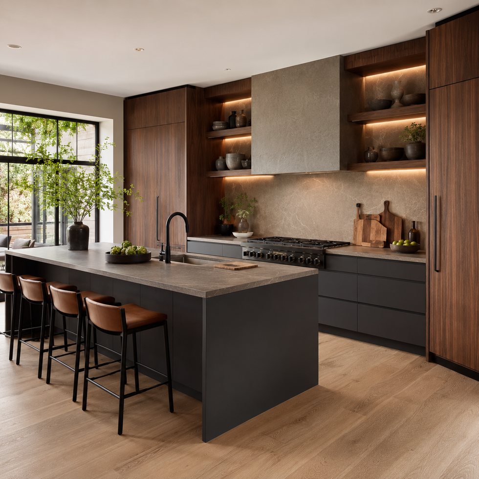 Walnut Gallery Bar Custom Kitchen Cabinets with a Charcoal Prep Island