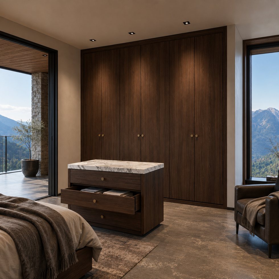 Walnut Panorama Custom Walk-In Closet Wardrobe with Six-Door Storage and Stone-Topped Chest