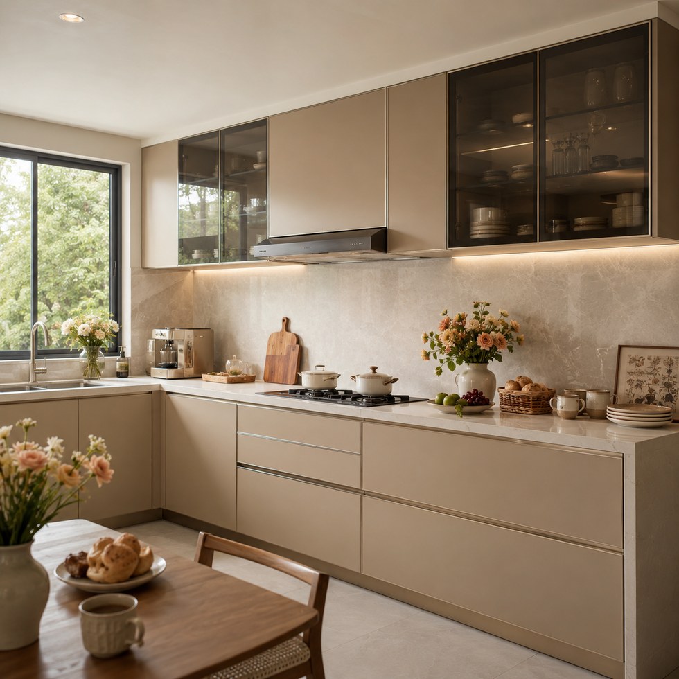 Warm Beige Handleless Kitchen Cabinets With Smoked Glass Wall Cabinets