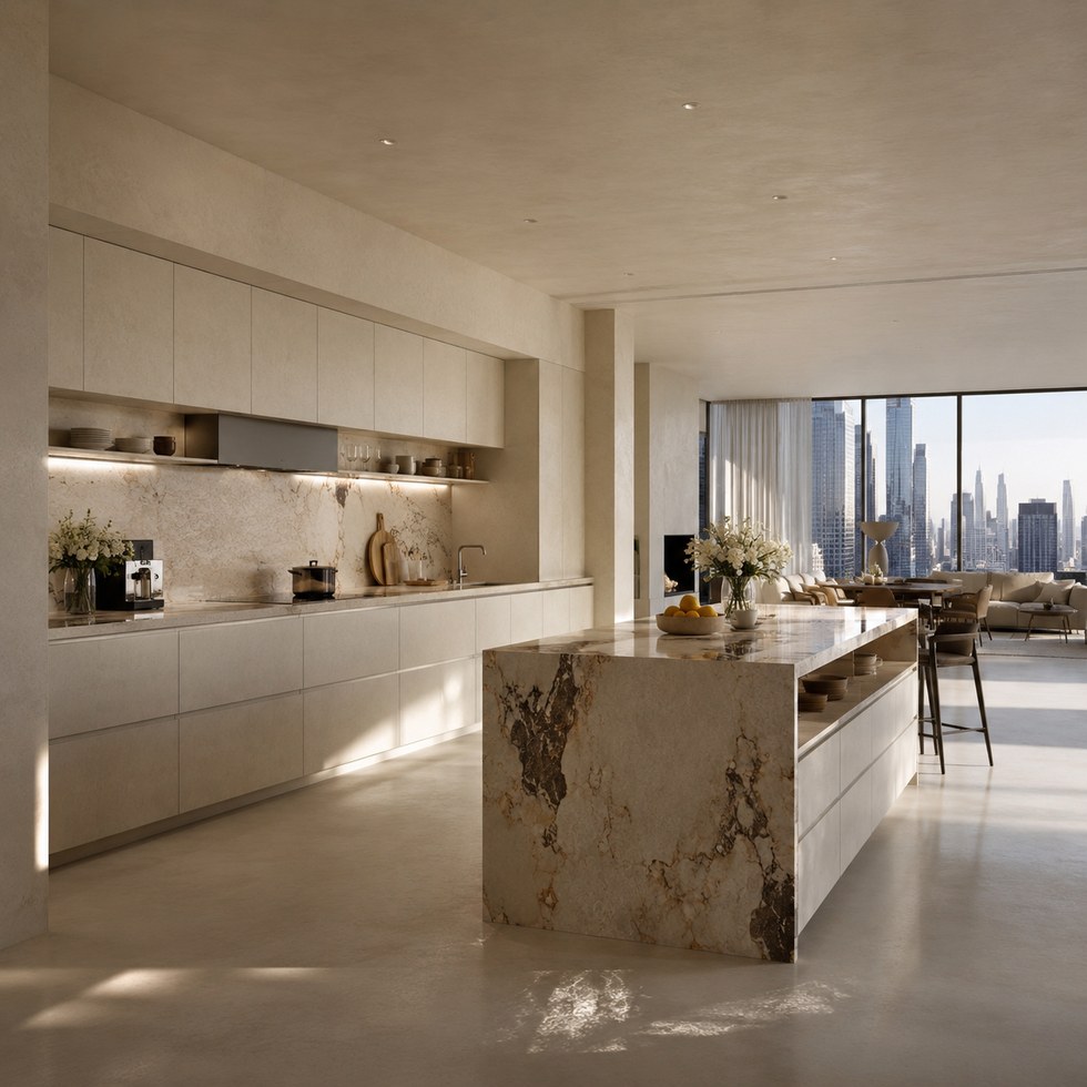 Warm Beige Handleless Kitchen Cabinets With Veined Island