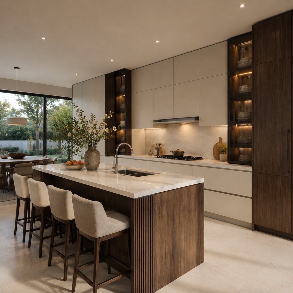 Warm Greige Custom Kitchen Cabinets with a Backlit Walnut Library Edge