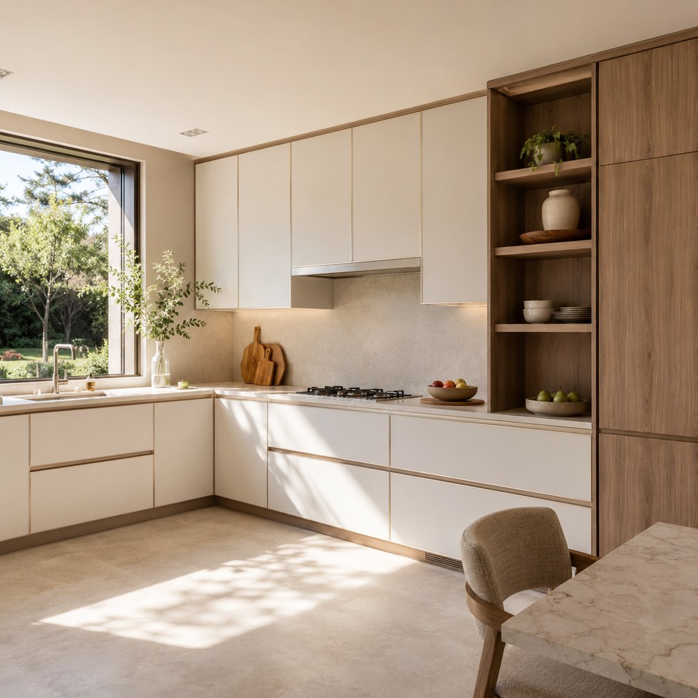 Warm Neutral Kitchen Cabinets With Wood Look Tall Storage