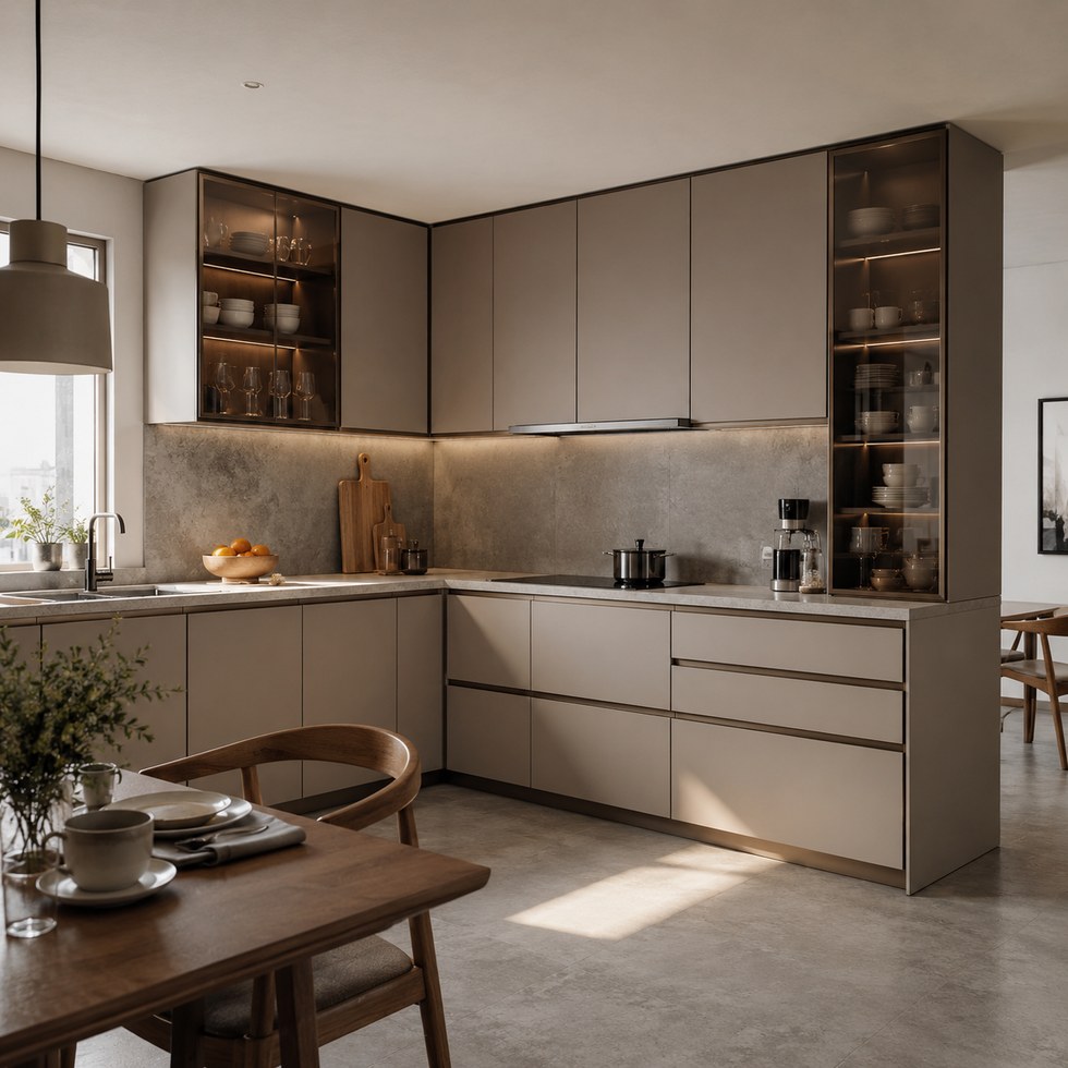 Warm Taupe L-Shaped Kitchen Cabinets With Smoked Glass Display Units