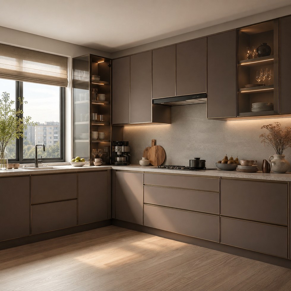 Warm Taupe Modern Kitchen Cabinets with Glass Display Units