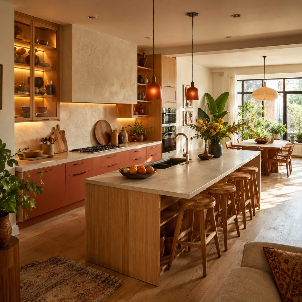 Warm Terracotta and Wood Kitchen Cabinets with Island