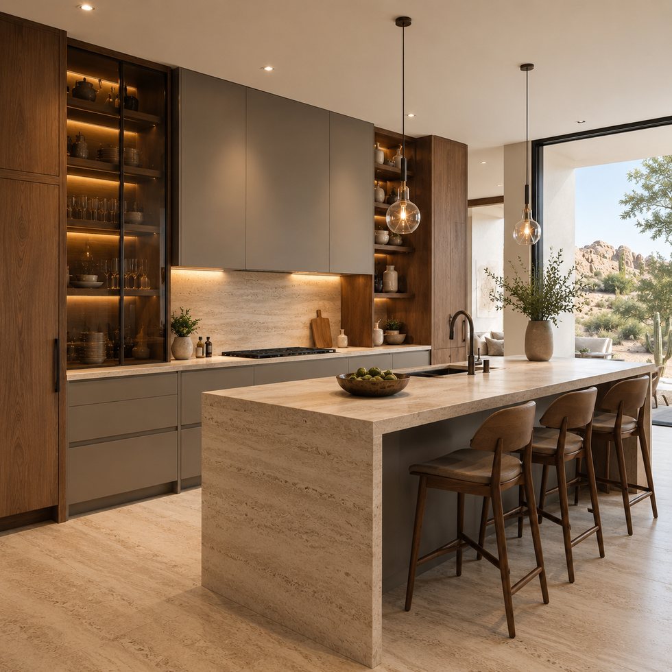Warm Timber Bar Custom Kitchen Cabinets with an Illuminated Tall Niche