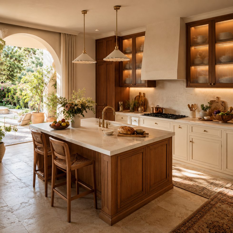 Warm Wood and Cream Kitchen Cabinets with Glass Wall Units