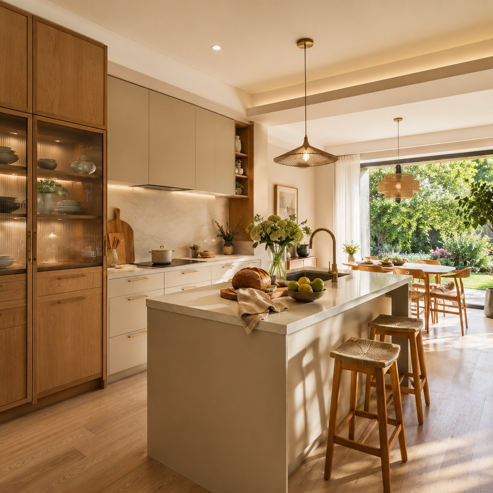 Warm Wood and Cream Kitchen Cabinets With Island and Glass Display Towers