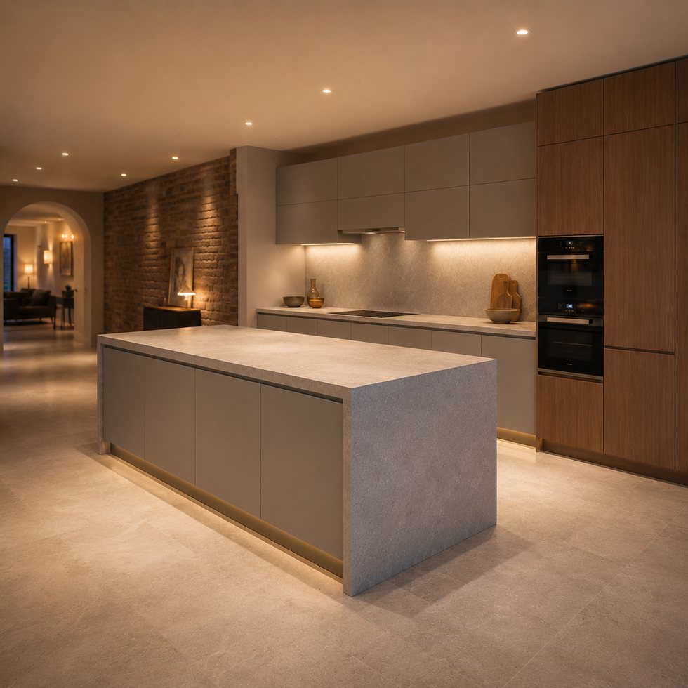 Warm Wood and Soft Grey Custom Kitchen Cabinets with Light Island