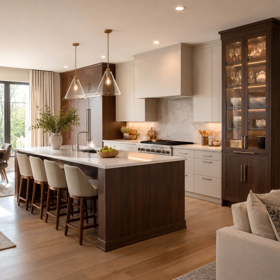 Warm Wood and White Kitchen Cabinets With Long Island and Glass Display Units